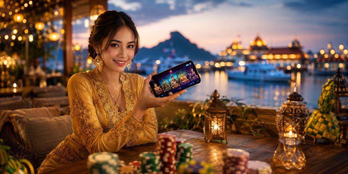 Pengguna di Terengganu mengakses platform kasino dalam talian menggunakan telefon bimbit dengan pakaian tradisional kebaya